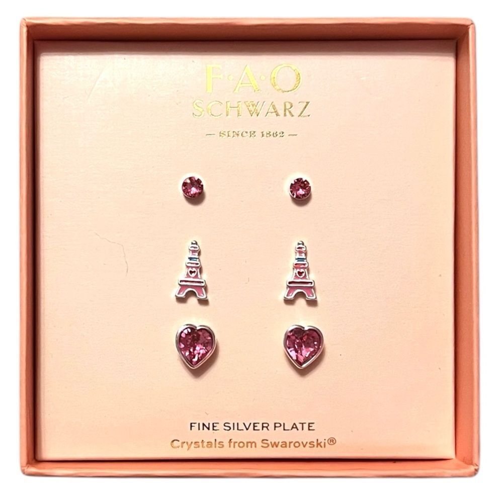 FAO Schwarz Fine Silver Plate Pink Crystal Eiffel Tower & Heart Stud Earring Set